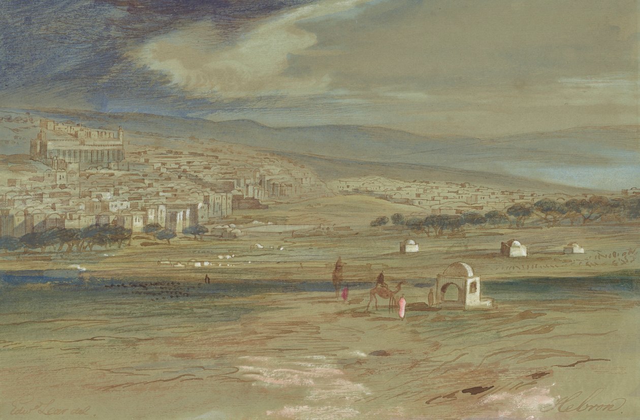 Widok miasta Hebron z wielbłądami i postaciami na pierwszym planie autorstwa Edward Lear
