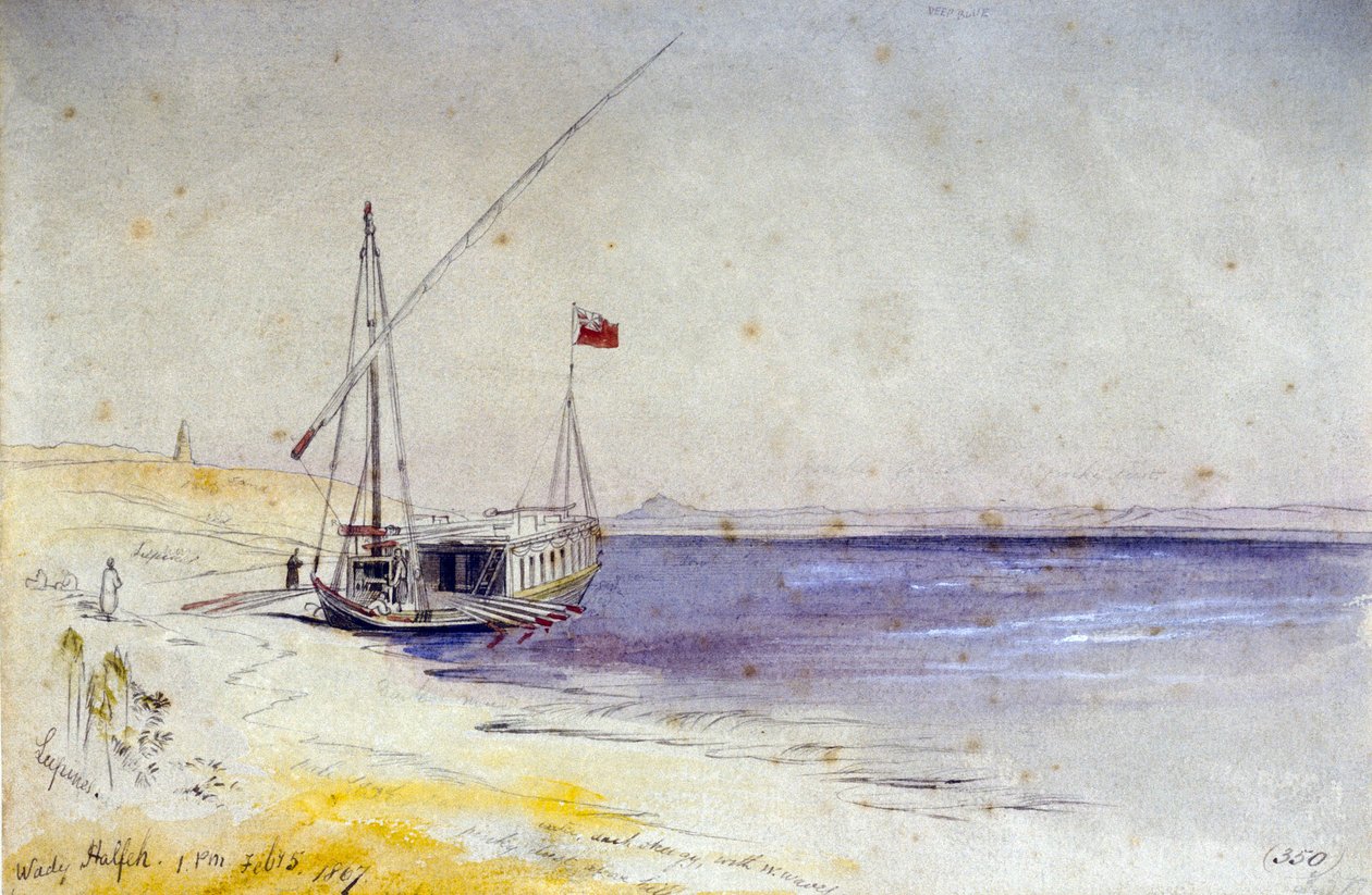 Egipska łódź zacumowana na brzegu Nilu w pobliżu Wady Halfeh (Egipt). Kolorowy rysunek akwarelą autorstwa Edward Lear