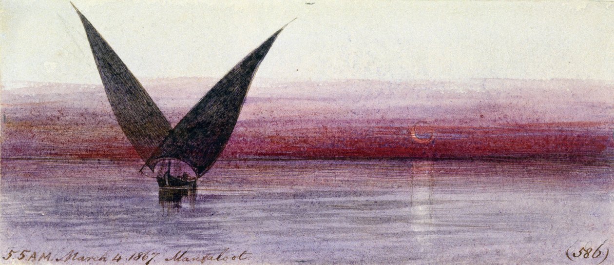 Egipska łódź na Nilu, w Manfaloot (Egipt). Kolorowy rysunek akwarelą autorstwa Edward Lear