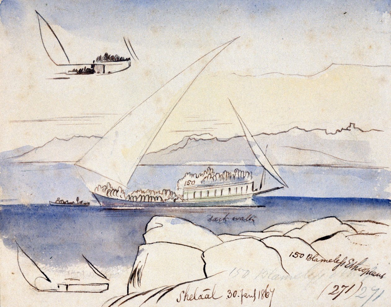 Egipski statek dhow na Nilu, niedaleko Shetaal (Egipt). Kolorowy rysunek akwarelą autorstwa Edward Lear