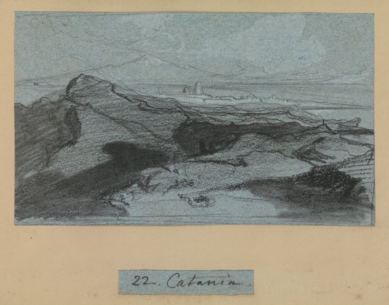 Catania, z Widoki Sycylii (kreda i gwasz na niebieskim papierze) autorstwa Edward Lear