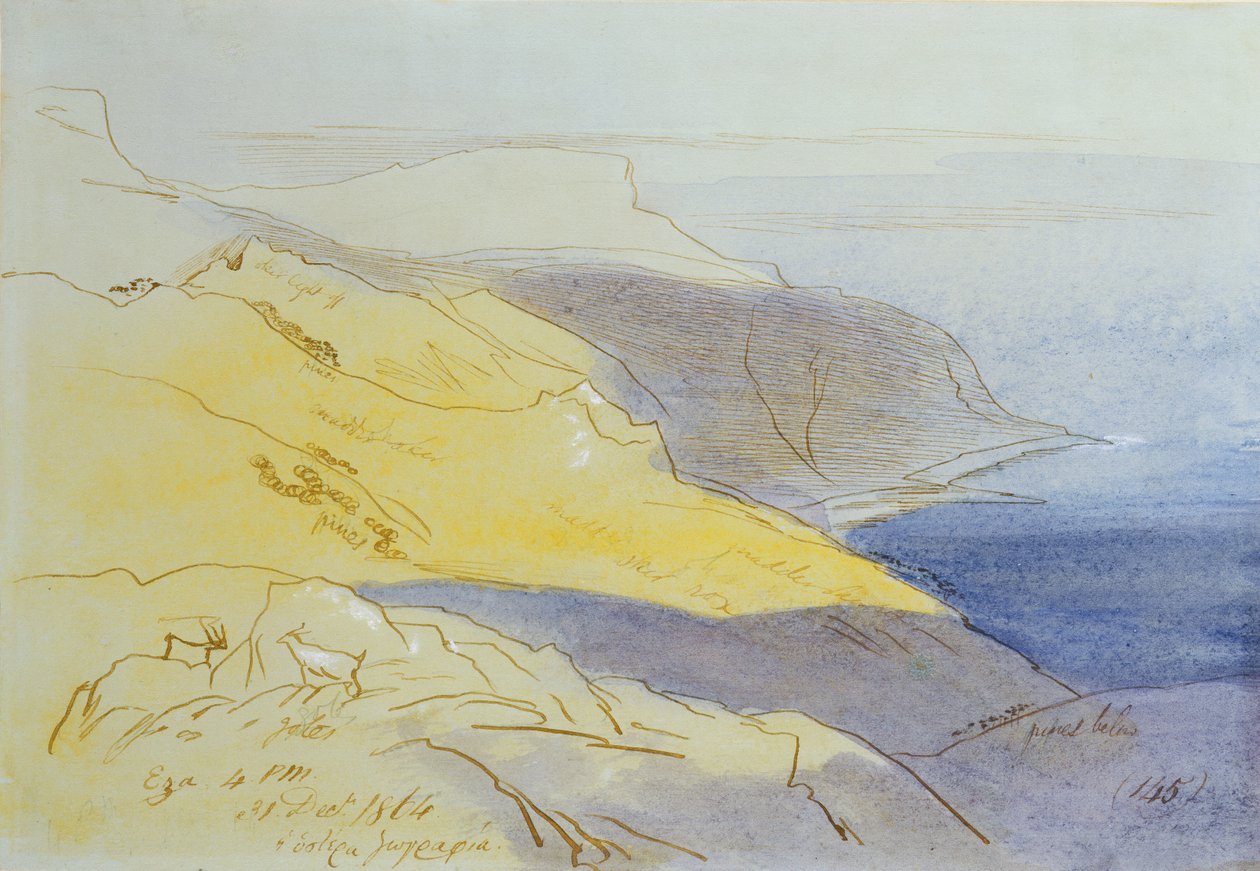 Krajobraz wybrzeża, Eza, 1864 (toaleta, długopis i atrament na papierze) autorstwa Edward Lear