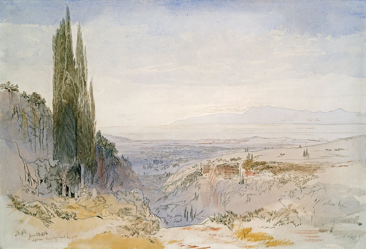 Korfu, Nimphes, 1856 (pióro i atrament oraz toaleta na papierze) autorstwa Edward Lear