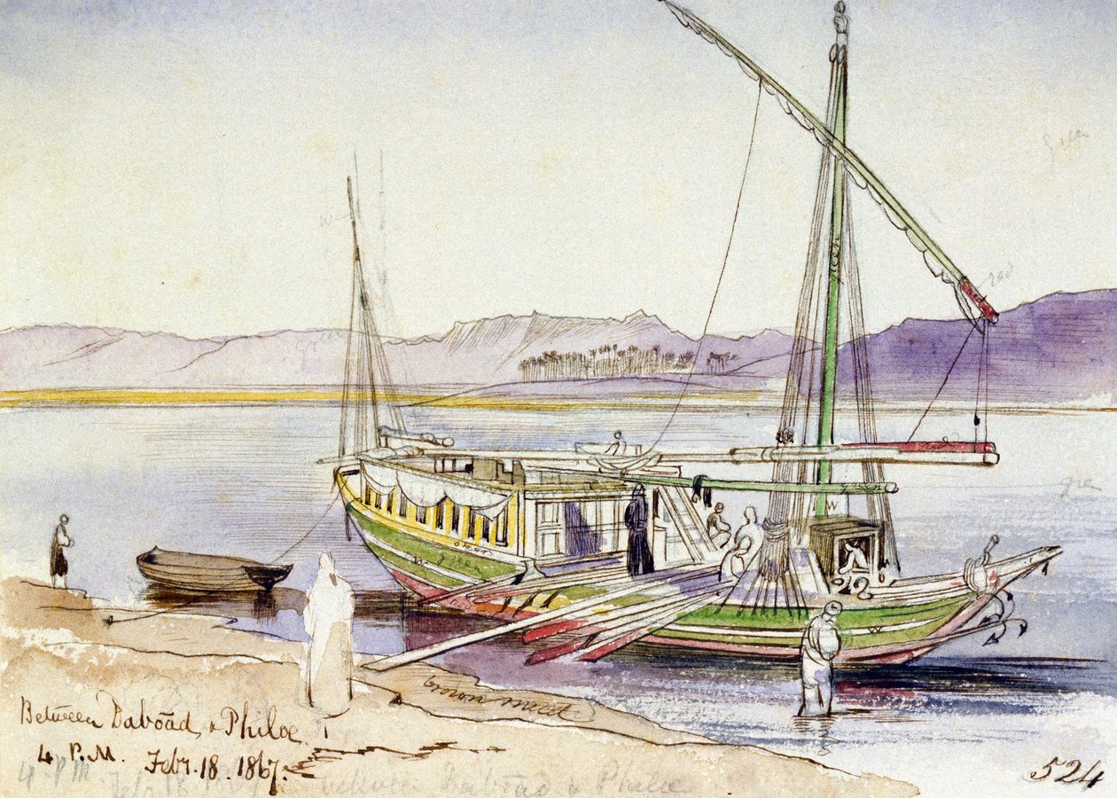 Egipska łódź zadokowana na brzegu Nilu, między Daboad i Fila (Egipt). Kolorowy rysunek akwarelą autorstwa Edward Lear