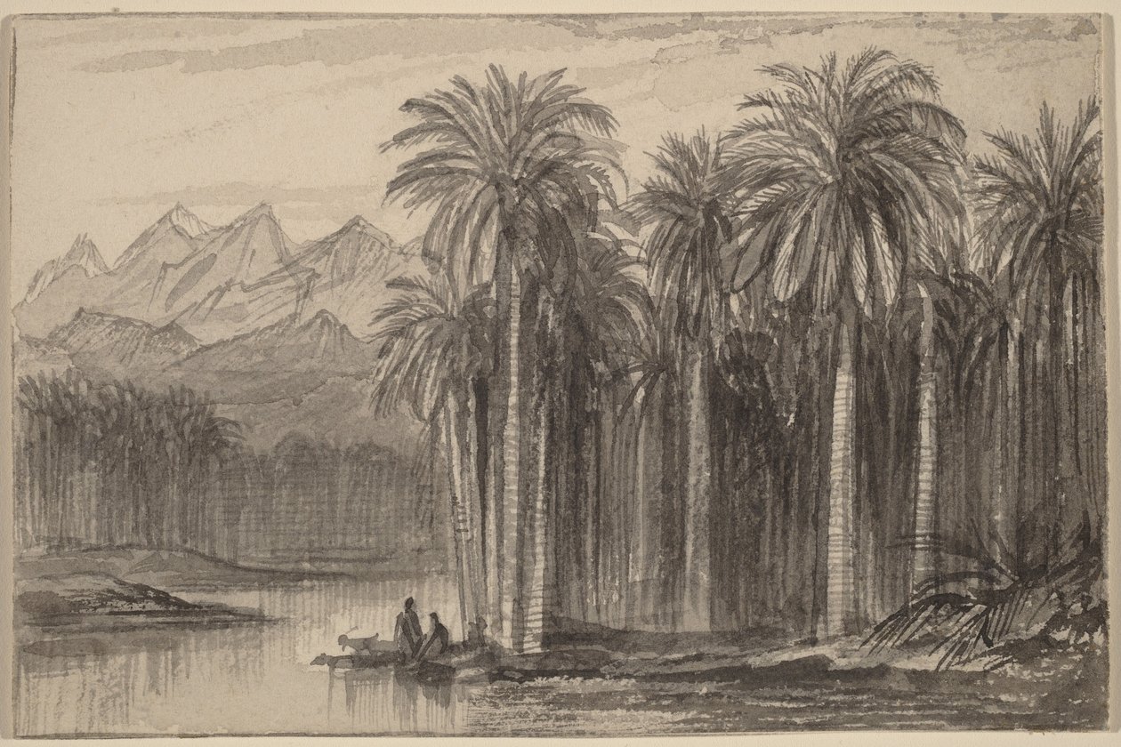 Postacie wypływające kajakami z gaju palmowego (Wadi Feiran) autorstwa Edward Lear