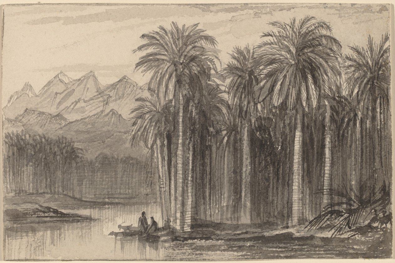 Figurki wypływające w kajakach z gaju palmowego Wady Feiran, 18841885. autorstwa Edward Lear