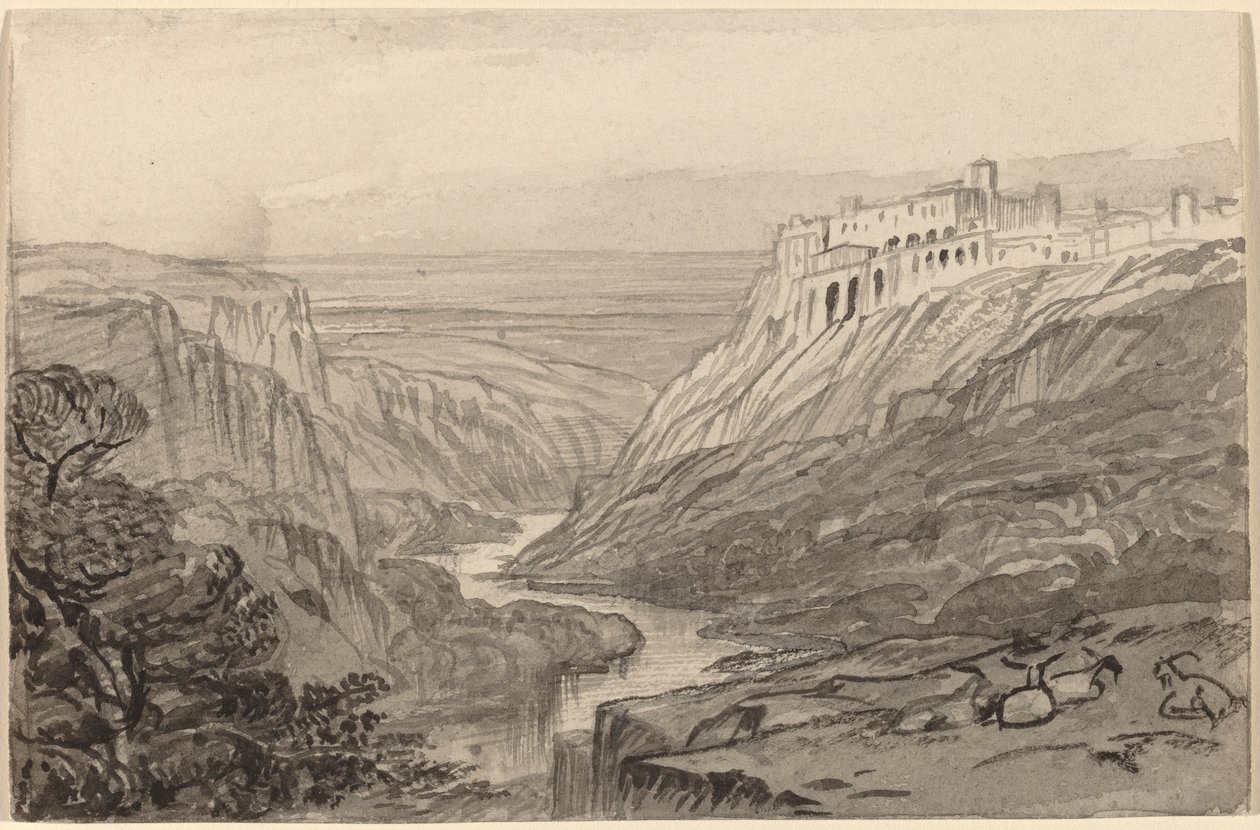 Kozy odpoczywające nad wąwozem rzeki (Narni, Włochy) autorstwa Edward Lear