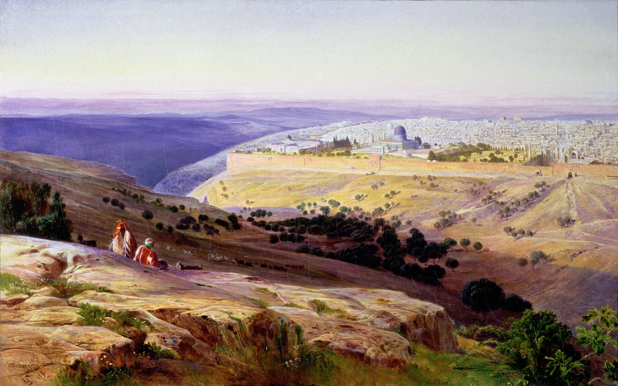 Jerozolima z Góry Oliwnej, wschód słońca, 1859 (olej) autorstwa Edward Lear