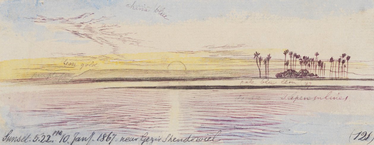 W pobliżu Gezir Shendowiel; zachód słońca, godz. 17:22, 10 stycznia 1867 r. (121) autorstwa Edward Lear