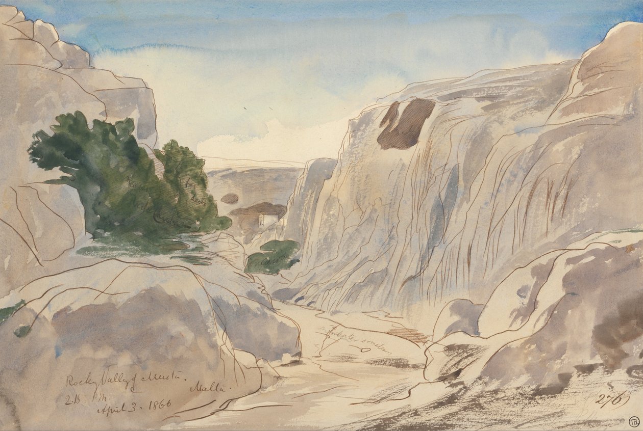 Skalista Dolina Mosty, Malta, godzina 14:15 (3 kwietnia 1866 r.) autorstwa Edward Lear