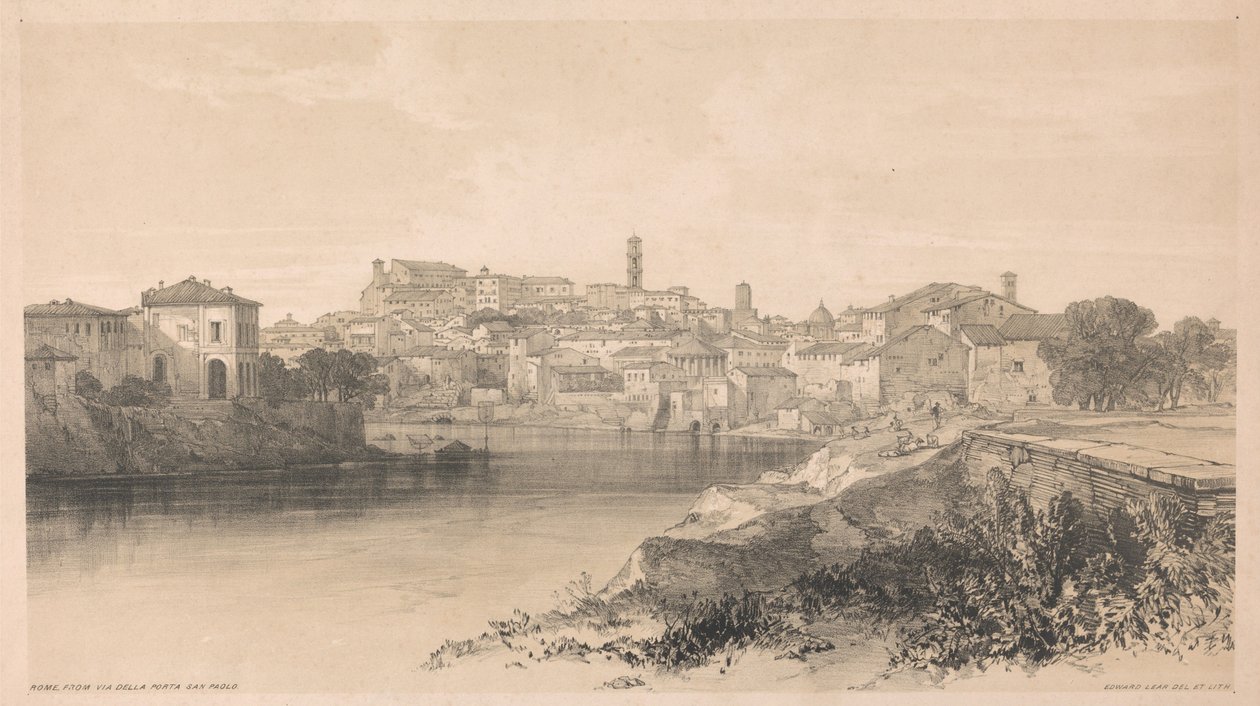 Rzym widziany z Via della Porta San Paolo, z albumu „Widoki Rzymu i okolic”, 1841 r. autorstwa Edward Lear