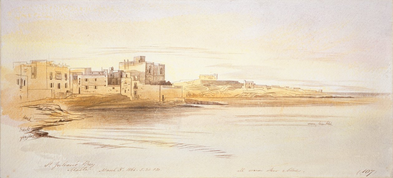 Zatoka św. Juliana, Malta, 1866 autorstwa Edward Lear