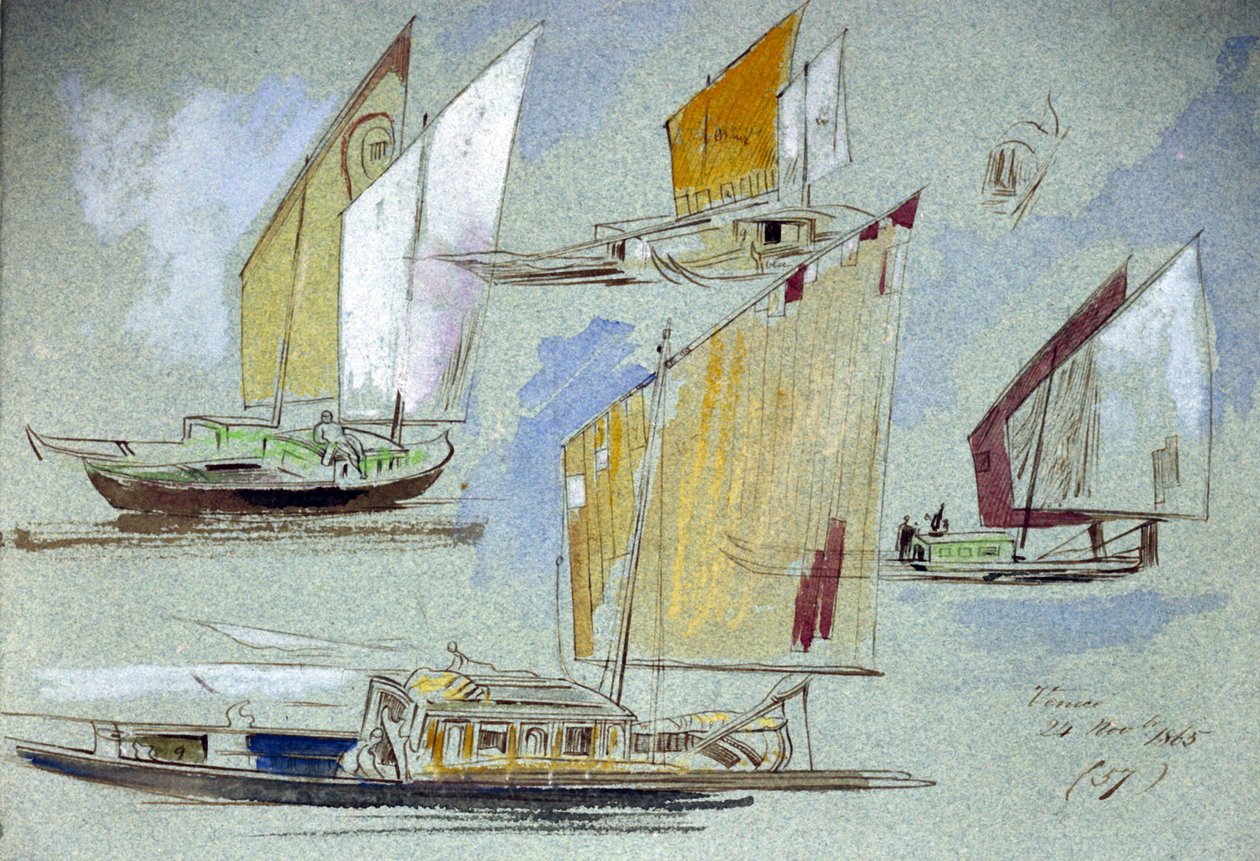 Studium weneckich łodzi pod pełnymi żaglami. Kolorowa akwarela Edwarda Leara (1812-1888). autorstwa Edward Lear
