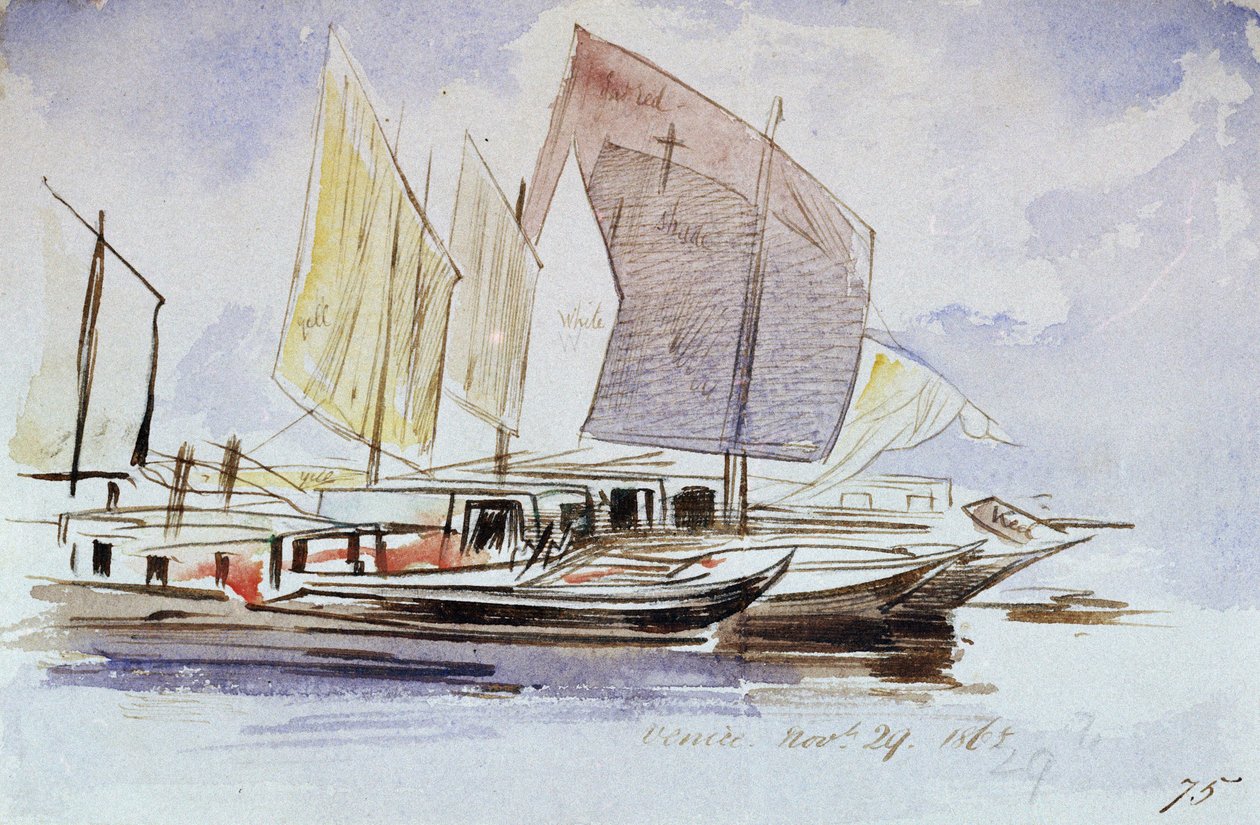 Studium weneckich łodzi, pełny żagiel, widok z prawej burty. Kolorowa akwarela Edwarda Leara (1812-1888). autorstwa Edward Lear