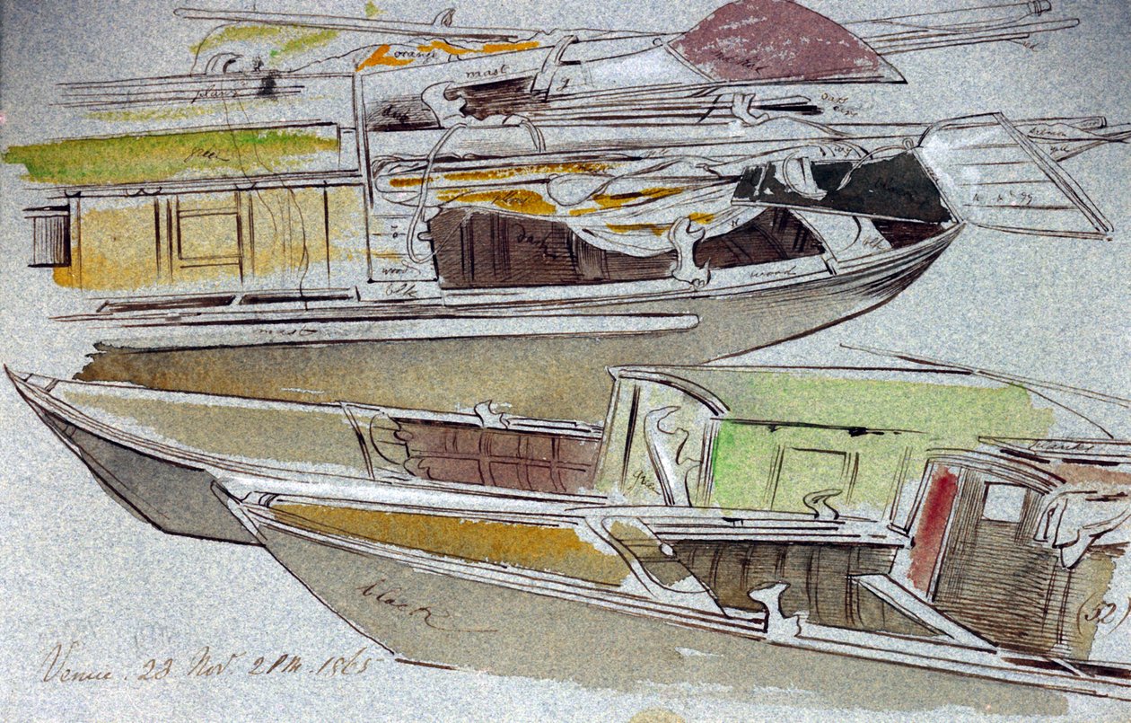 Studium zacumowanych łodzi weneckich. Kolorowy rysunek akwarelowy autorstwa Edwarda Leara (1812-1888). autorstwa Edward Lear