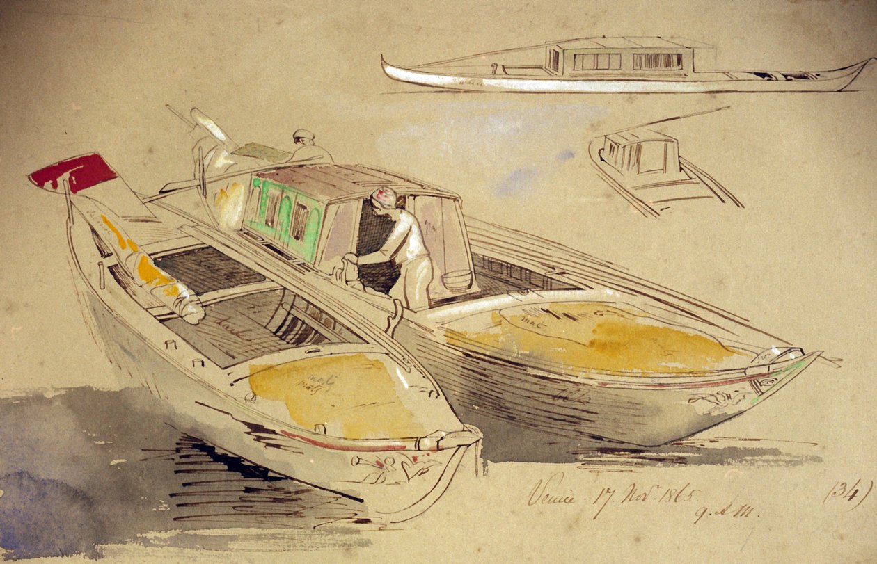 Studium weneckich łodzi na brzegu. Kolorowa akwarela Edwarda Leara (1812-1888). autorstwa Edward Lear