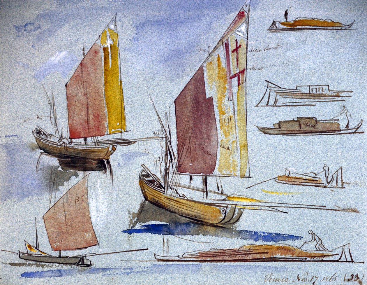 Studium weneckich łodzi z pełnymi żaglami i cumowaniem. Kolorowy rysunek akwarelowy autorstwa Edwarda Leara (1812-1888). autorstwa Edward Lear