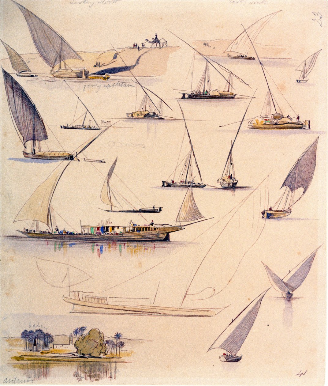 Studia różnych egipskich łodzi. Kolorowy rysunek akwarelą autorstwa Edward Lear
