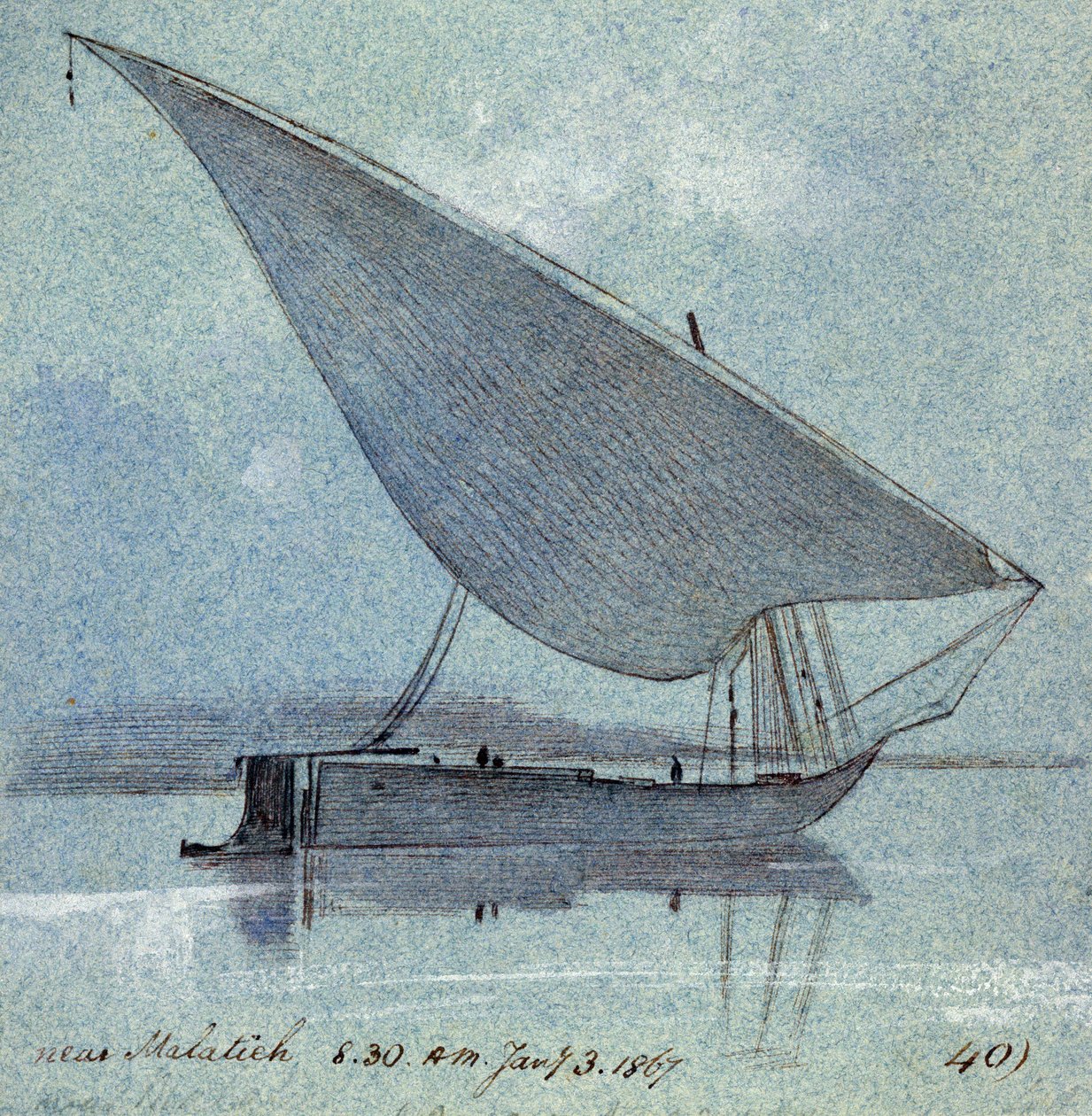 Studium gyasi (egipskiej łodzi) w pobliżu Malatieh (lub Malatia, Egipt). Kolorowy rysunek akwarelą autorstwa Edward Lear