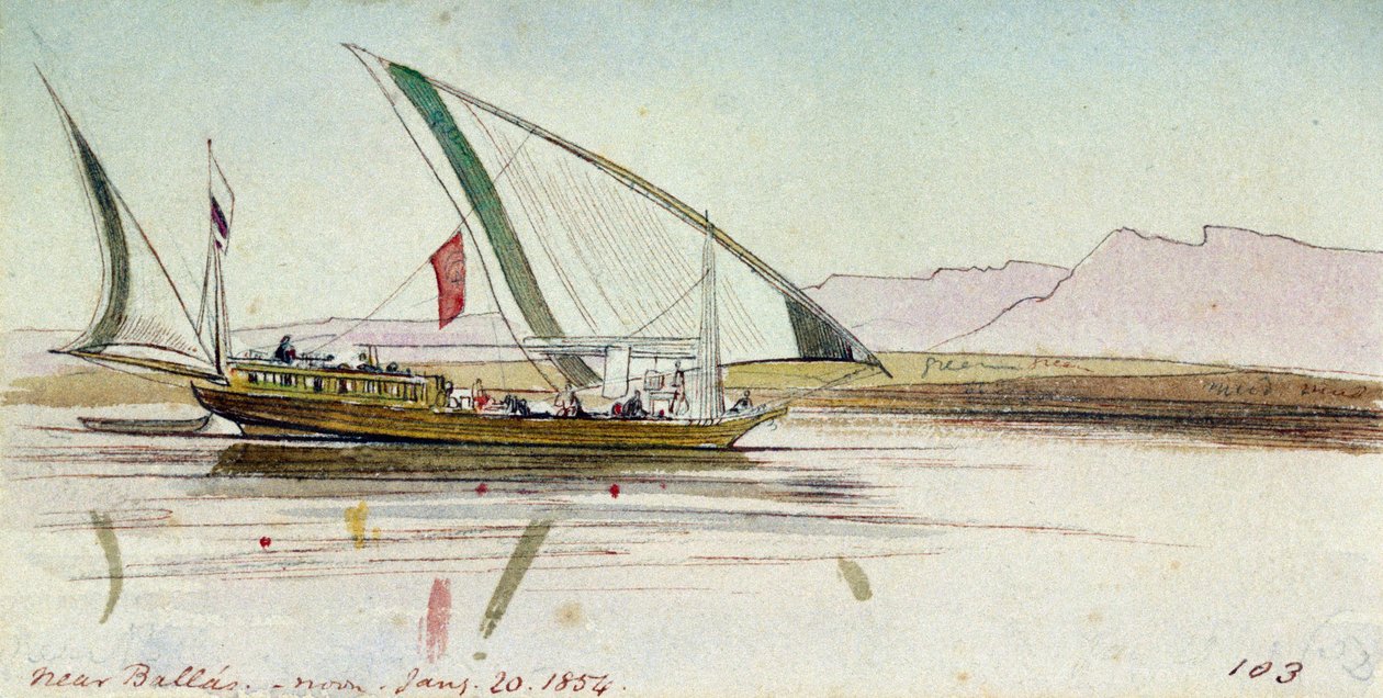 Studium gyassi (egipskiej łodzi) na Nilu w pobliżu Ballas (Egipt). Kolorowy rysunek akwarelą autorstwa Edward Lear
