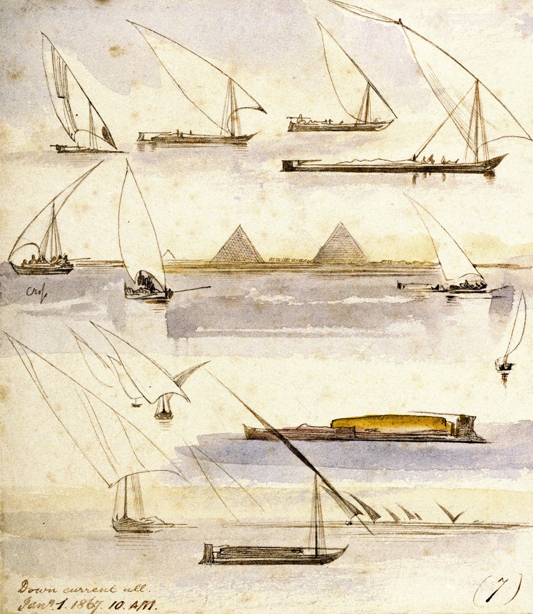 Studium różnych egipskich łodzi (Dahabeeyahs i Gyassis), ze sceną przed piramidami w Gizie (Kair) pośrodku strony. autorstwa Edward Lear