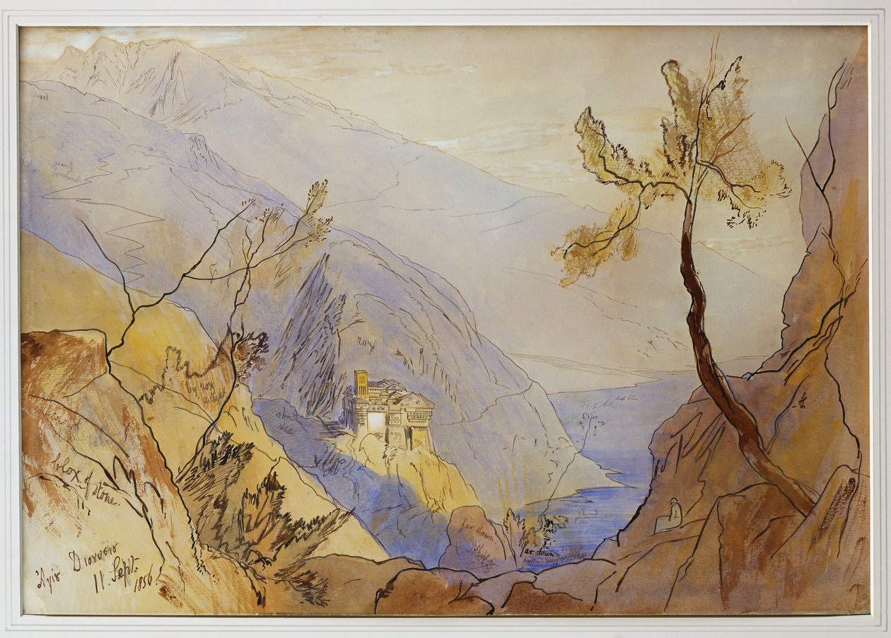 Klasztor św. Dionizego, Góra Athos, 11 września 1856 r. autorstwa Edward Lear