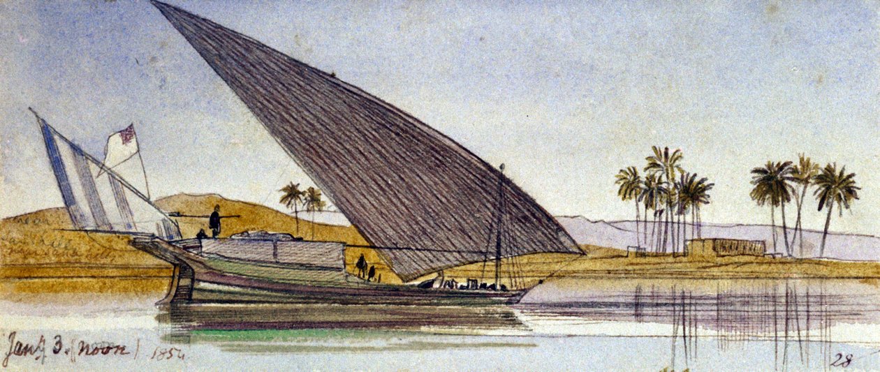 Brzegi Nilu (Egipt) z przepływającym dużym gyassi. Kolorowy rysunek akwarelą autorstwa Edward Lear