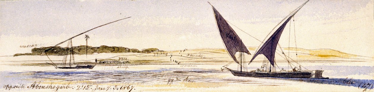 Zasięg Nilu i jego brzegi, z dwiema tradycyjnymi egipskimi łodziami, w tym Dahabeeya. Kolorowy rysunek akwarelą autorstwa Edward Lear