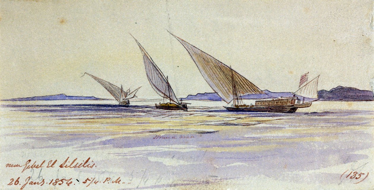 Trzy tradycyjne egipskie statki transportowe pływające po Nilu w pobliżu Gebel el-Silsila lub Gebel Silsileh (Egipt) autorstwa Edward Lear