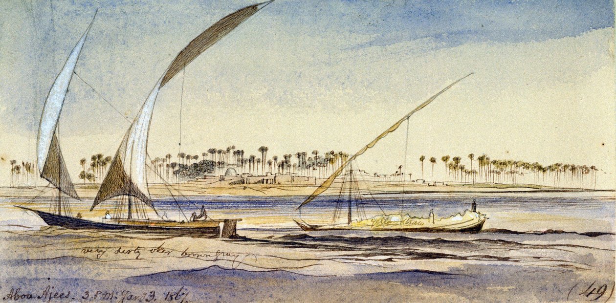 Dwie egipskie łodzie (nuggar i djem) płynące po Nilu, niedaleko Abu Ajees (Egipt). Kolorowy rysunek akwarelą autorstwa Edward Lear