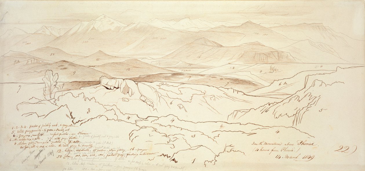 Widok z gór nad Fonią, 1849 autorstwa Edward Lear