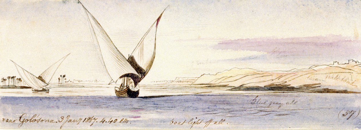 Widok na Nil w pobliżu Golosony (Egipt) z tradycyjną egipską łodzią. Kolorowy rysunek akwarelą autorstwa Edward Lear