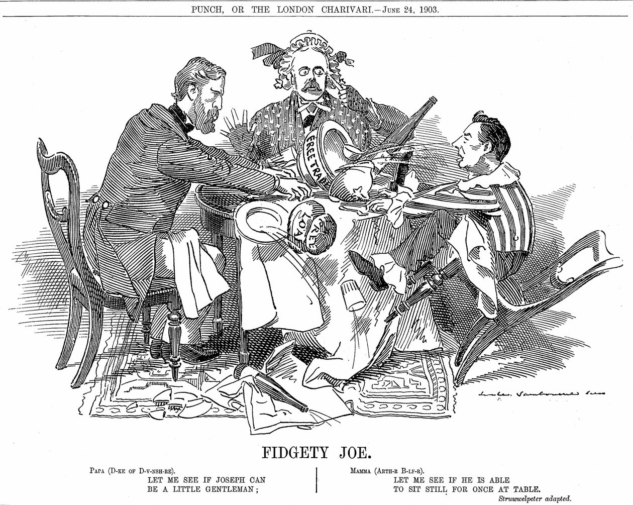 Rząd koalicyjny. Książę Devonshire i Arthur Balfour (w środku) próbują kontrolować Josepha Chamberlaina, lidera partii juniorów w koalicji. We wrześniu 1903 zrezygnował, aby swobodnie opowiadać się za reformą taryf celnych. Karykatura Edwarda Linleya Sambo autorstwa Edward Linley Sambourne