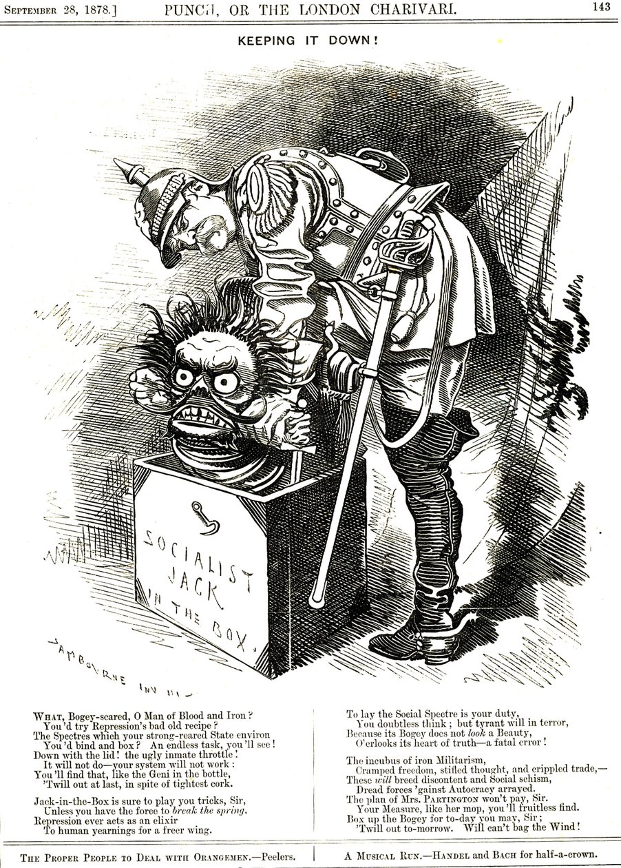Utrzymuj to w ryzach. Otto von Bismarck (1815-1898) Kanclerz Niemiec, próbujący wepchnąć Jacka Socjalizmu z powrotem do swojej loży. Podpisy mówią mu, że każdy akt represji jest eliksirem ludzkiego pragnienia większej wolności. Karykatura Edwarda Linleya S autorstwa Edward Linley Sambourne