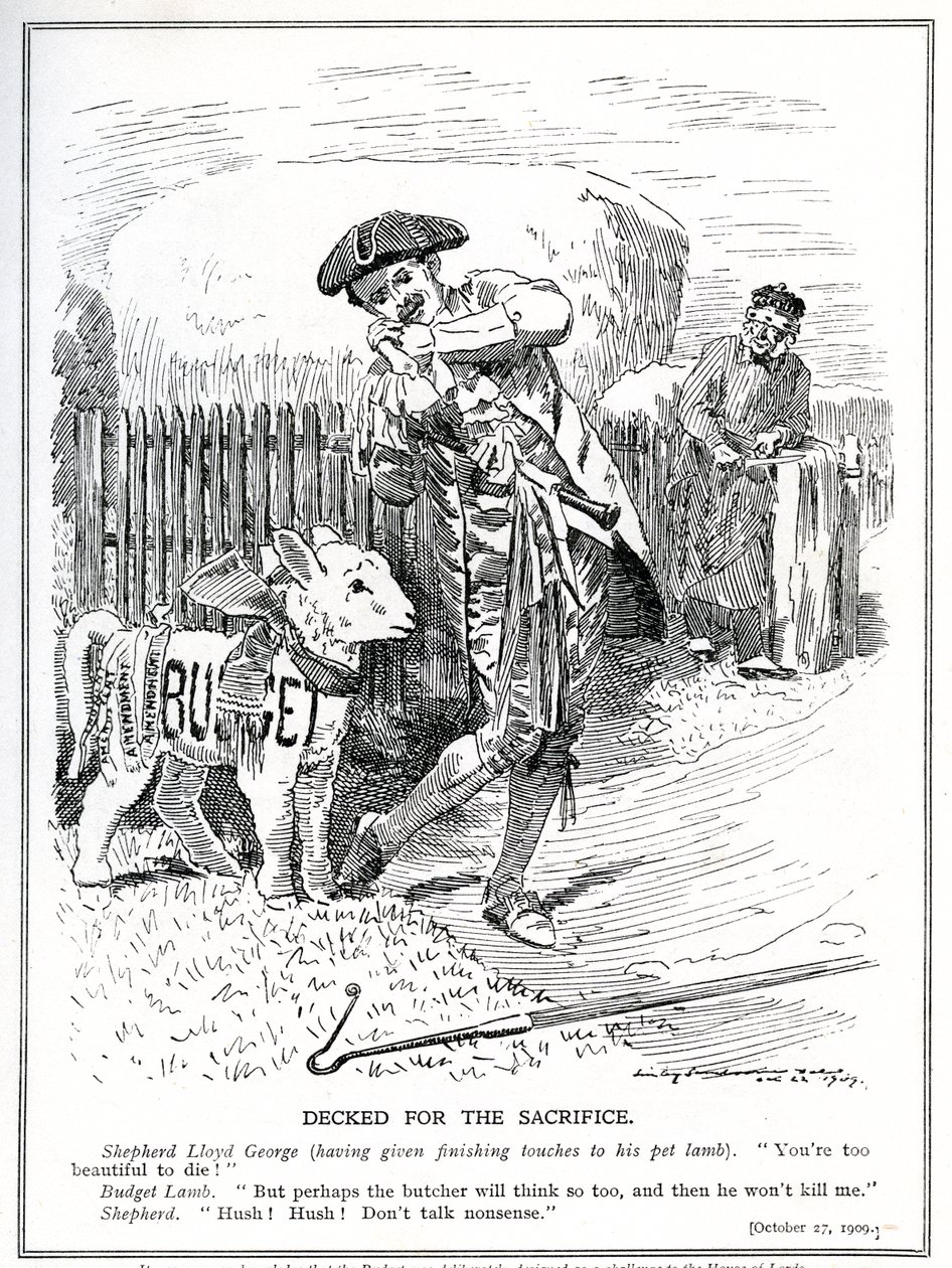 Lloyd George przygotowuje się do wysłania swojej "owieczki", "Budżetu Ludowego", na ofiarę i zabicie przez Izbę Lordów, 1909 r. autorstwa Edward Linley Sambourne