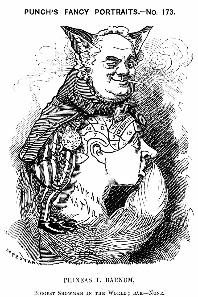 Phineas Taylor Barnum (1810-1891) Amerykański showman: współzałożyciel cyrku Barnum and Bailey. Kreskówka Edwarda Linleya Sambourne