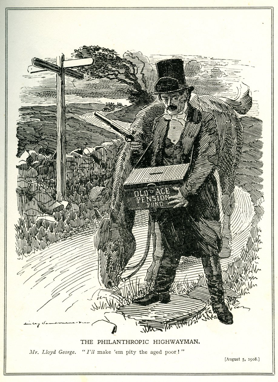 „Filantropijny rozbójnik”, Lloyd George z funduszu emerytalnego, rysunek z magazynu „Punch”, 5 sierpnia 1908 autorstwa Edward Linley Sambourne