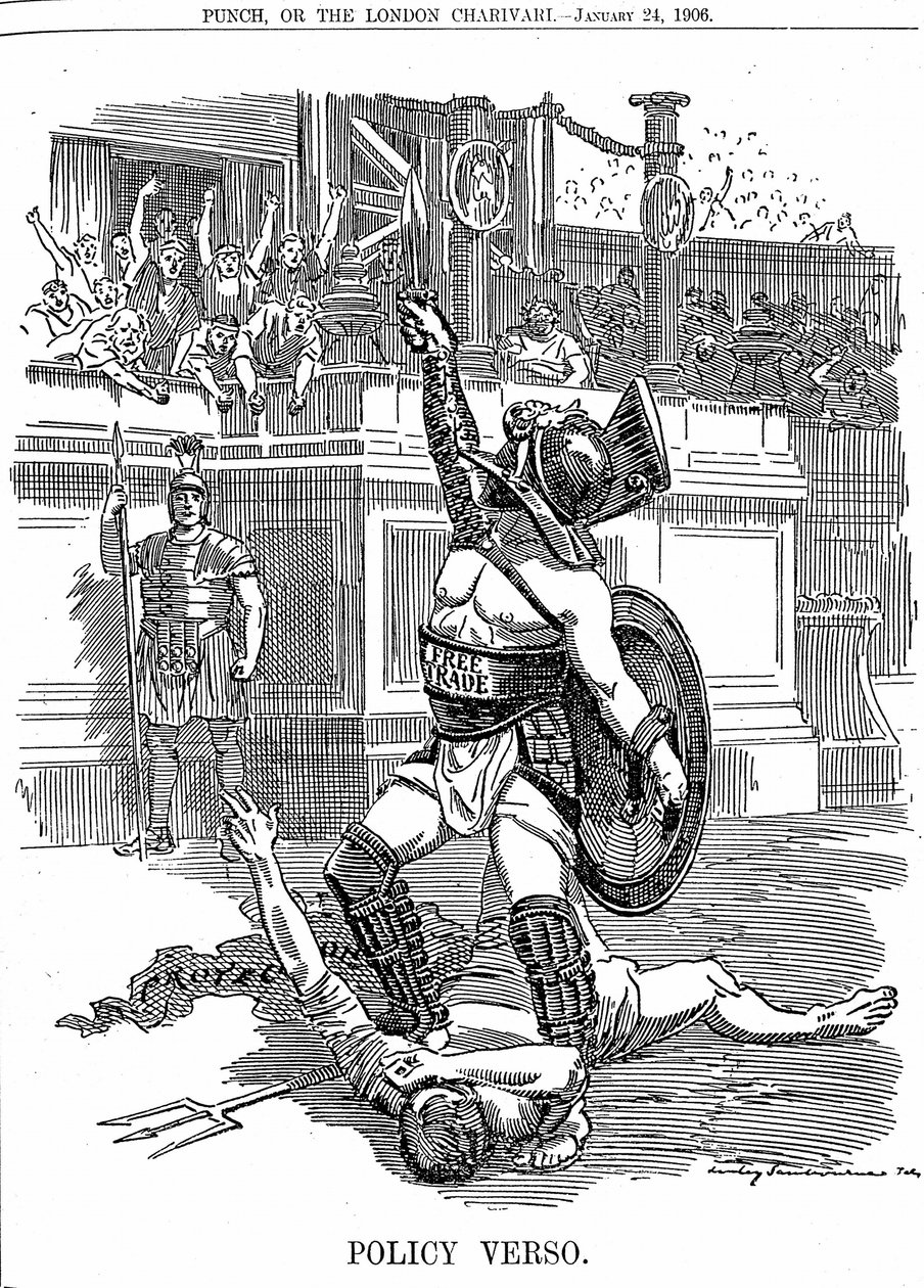 Wraz z powrotem liberalnego rządu w Wielkiej Brytanii w grudniu 1905 r. Wolny handel był polityką, a nie konserwatywną polityką ochrony przez Taryfę. Karykatura Edwarda Linleya Sambourne