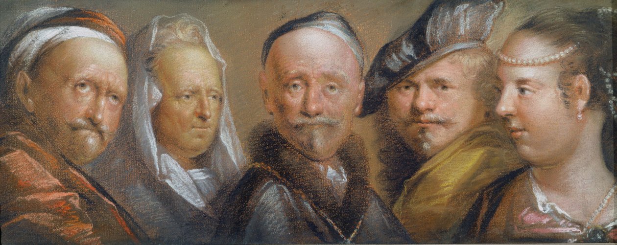 Studia Pięciu Głów wg Rembrandta (pastel na miedzianej blaszce) autorstwa Edward Lutterell