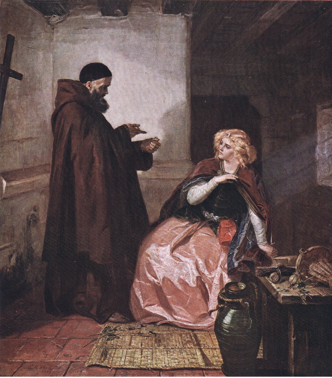 Julia i brat Laurence (Romeo i Julia) Weź fiolkę, będąc w łóżku, i wypij ten destylowany trunek, z publikacji The Complete Works of William Shakespeare, autorstwa J Coker & Co Ltd (c autorstwa Edward Matthew Ward