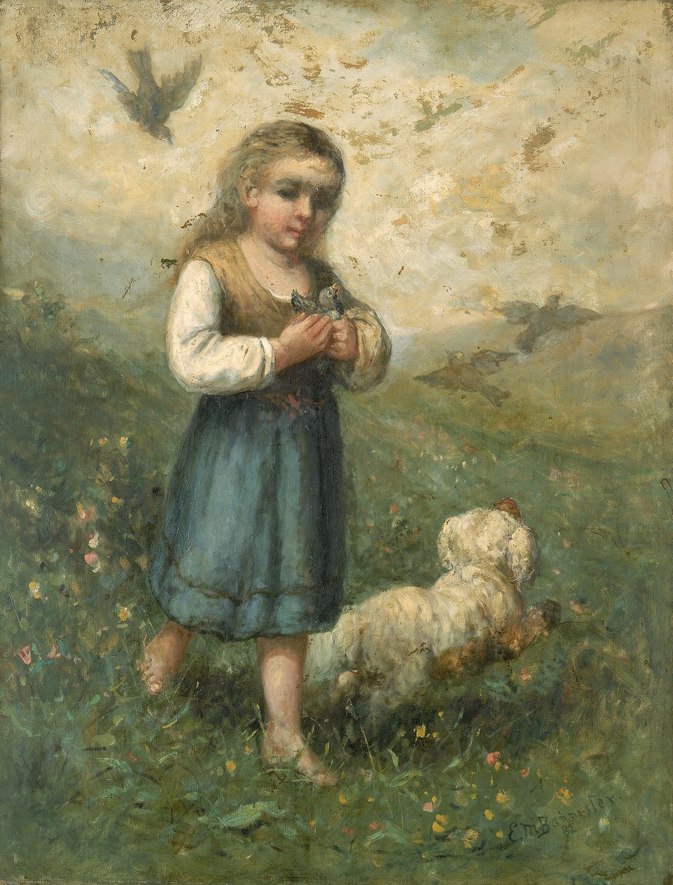 Dziecko z ptakami i psem autorstwa Edward Mitchell Bannister