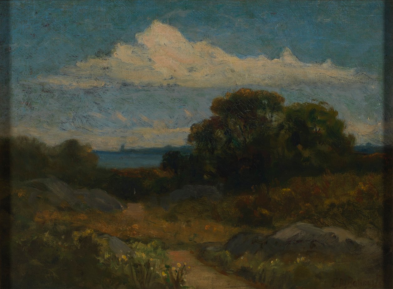 Krajobraz (drzewa i skały nad jeziorem) autorstwa Edward Mitchell Bannister