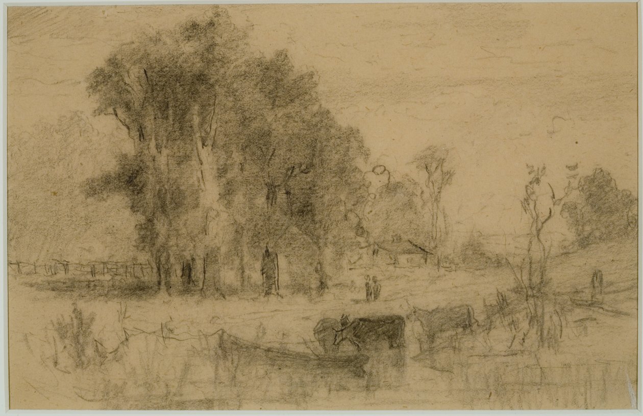 Krajobraz, Łódź wiosłowa i krowy (nr 57) C. 1880 (grafit na papierze) autorstwa Edward Mitchell Bannister