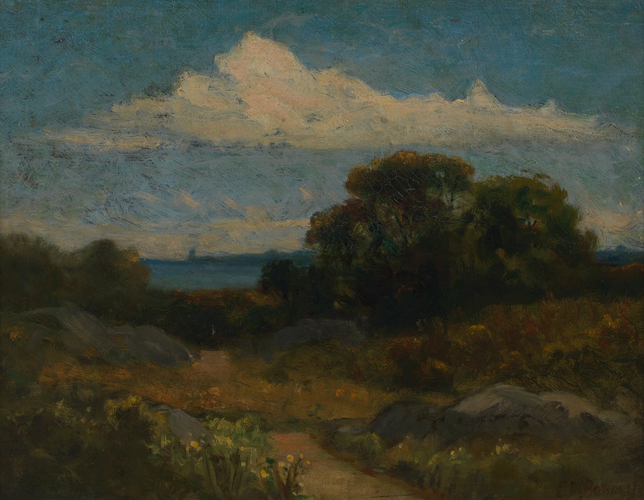 Krajobrazowe drzewa i skały nad jeziorem. autorstwa Edward Mitchell Bannister
