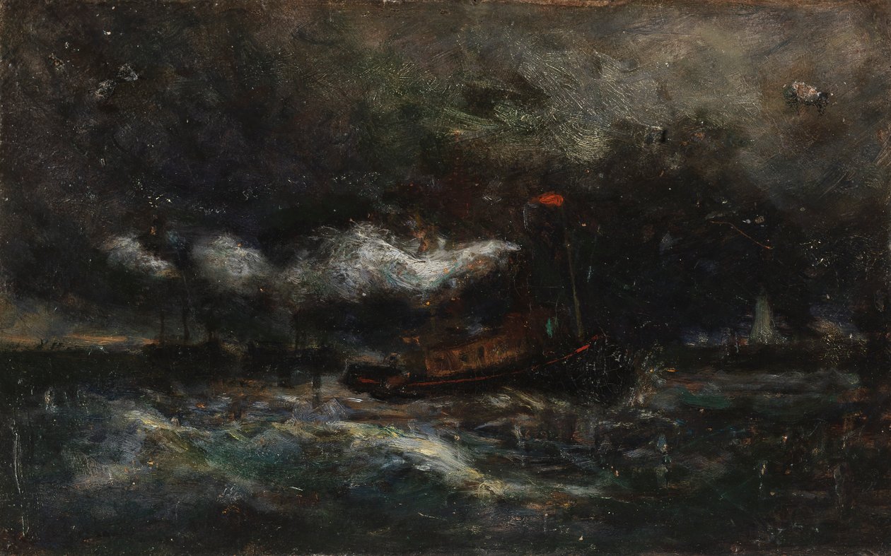 Szkwał, Brenton Lekka łódź w sztormie, latarnia morska w tle, b.d. autorstwa Edward Mitchell Bannister