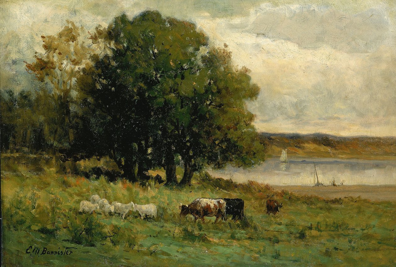 Bez tytułu (bydło w pobliżu rzeki z żaglówką w oddali) autorstwa Edward Mitchell Bannister