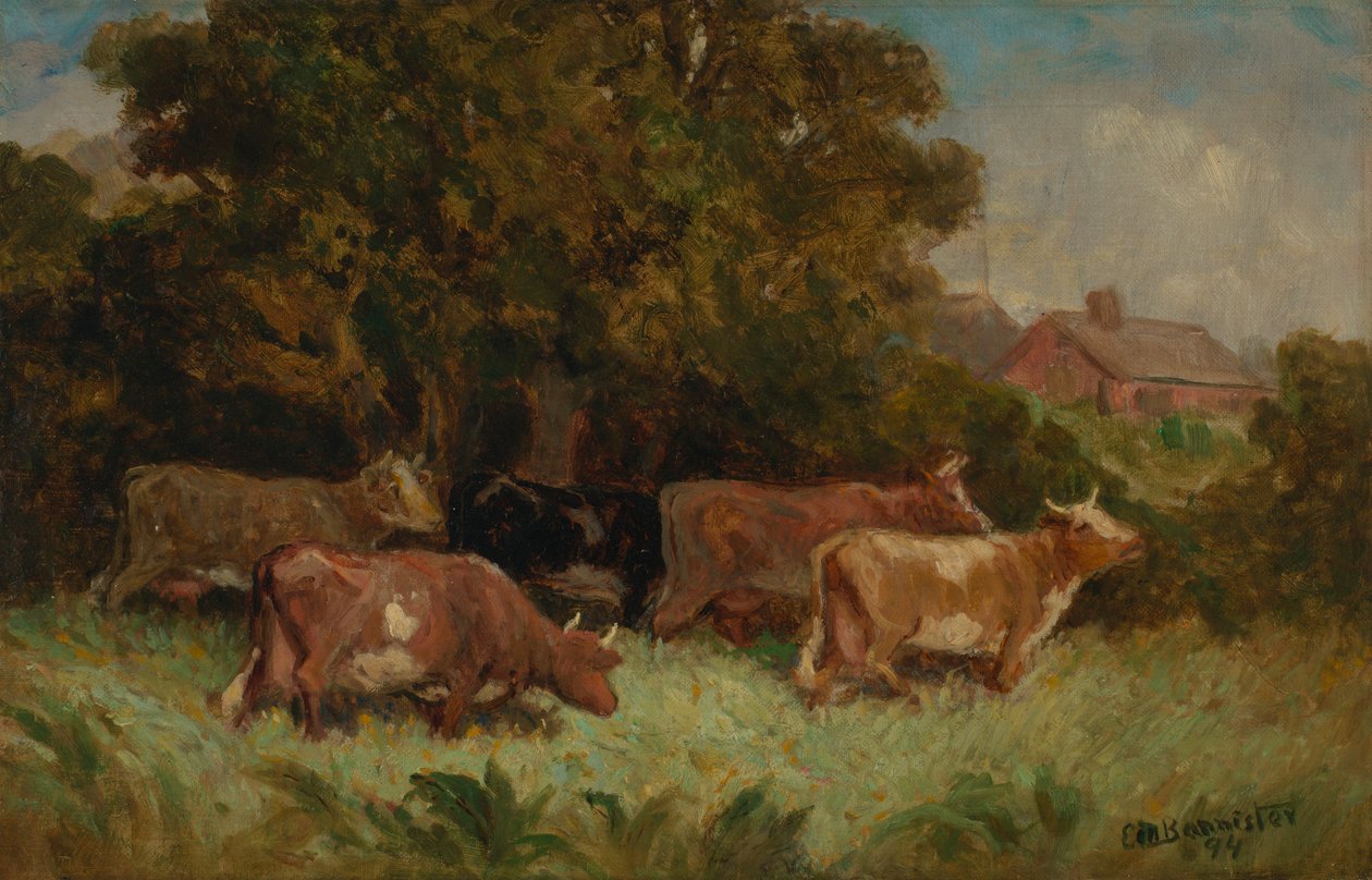 Bez tytułu (pięć krów na pastwisku, dach w tle) autorstwa Edward Mitchell Bannister