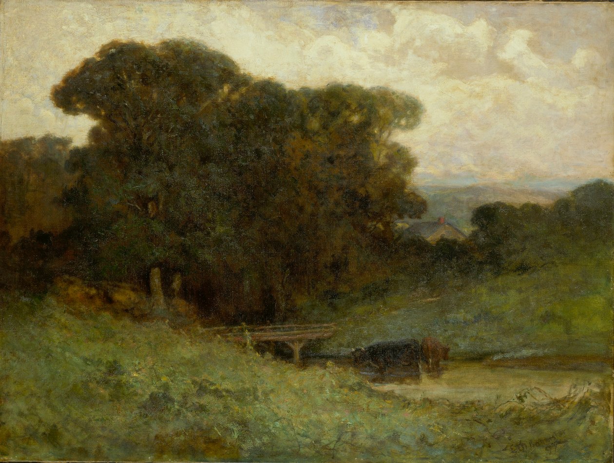 Bez tytułu (scena leśna z mostem, krowy w strumieniu na pierwszym planie) autorstwa Edward Mitchell Bannister