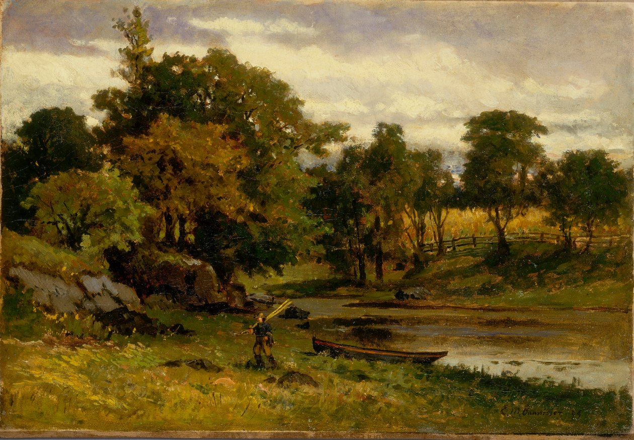 Bez tytułu (krajobraz, łódź zacumowana w pobliżu strumienia, mężczyzna idący na pierwszym planie) autorstwa Edward Mitchell Bannister