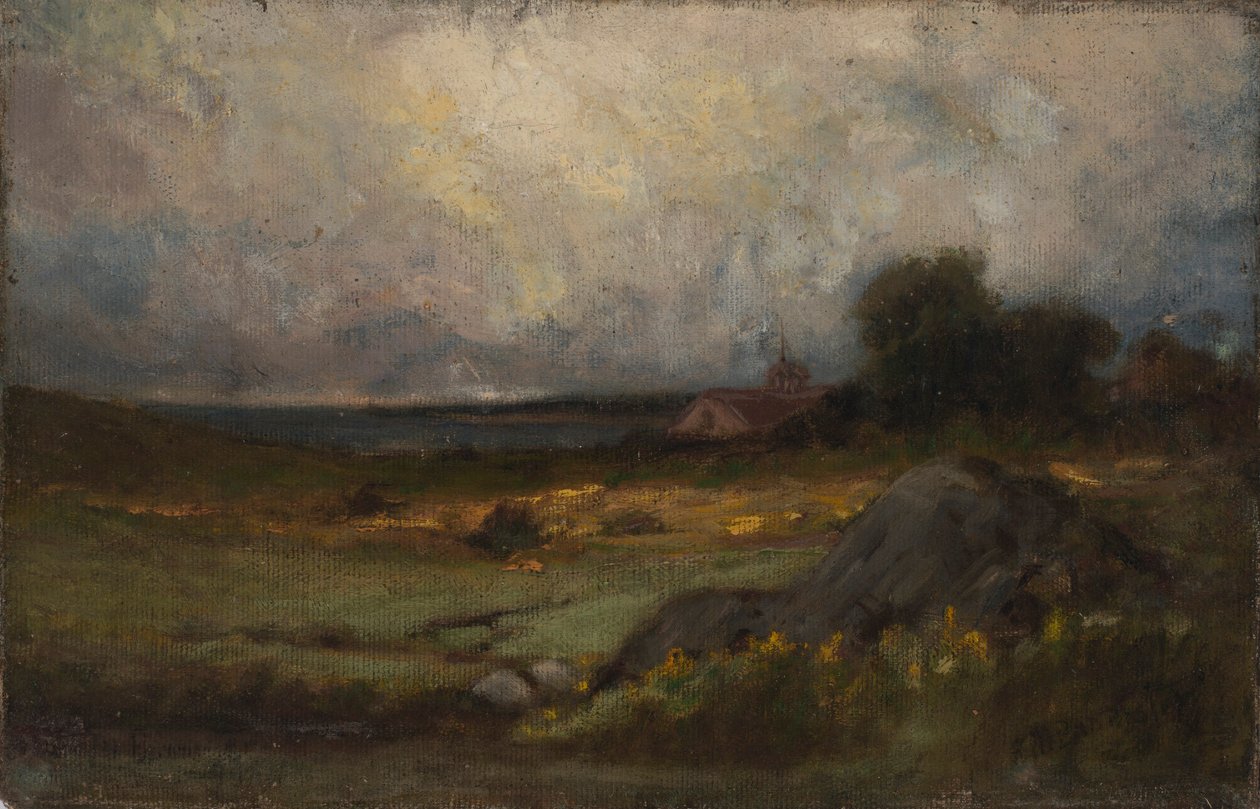Bez tytułu (krajobraz ze skałą na pierwszym planie i dachem z wieżą, jezioro w tle) autorstwa Edward Mitchell Bannister